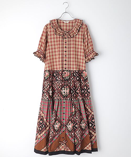 セール】 薔薇格子プリントパッチワークワンピース （ロング・マキシ丈