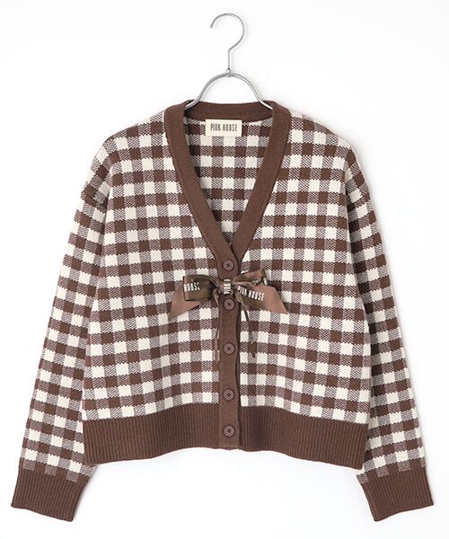 ギンガムチェックニットカーディガン （カーディガン・ボレロ）｜PINK
