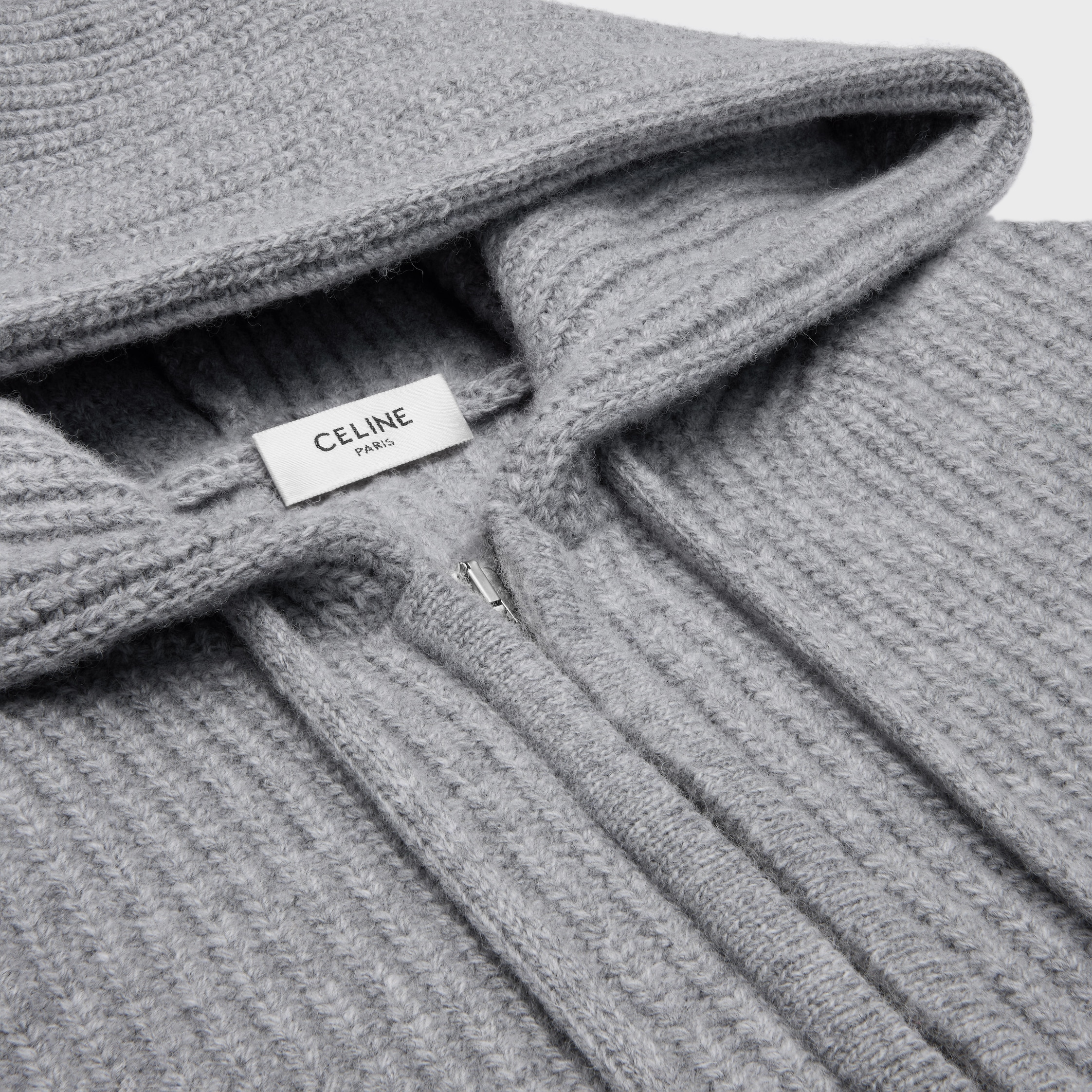 フード付きカーディガン / リブ編みウール - ミディアムグレー | CELINE