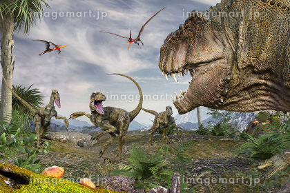 ティラノサウルスが戦いに勝ち獲物を食べているのイラスト素材