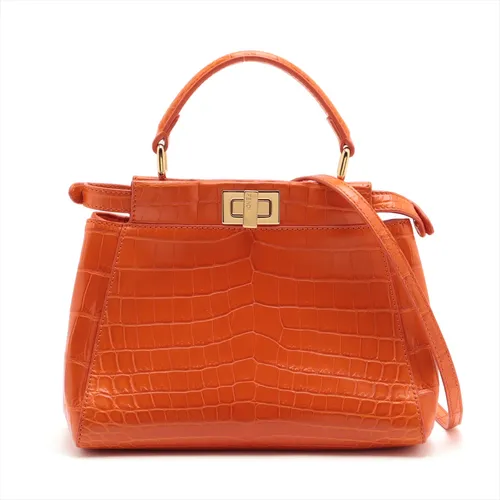 フェンディ ミニピーカブー クロコ 2WAYハンドバッグ オレンジ AB