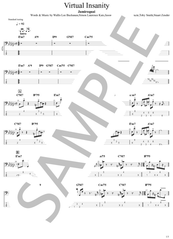 楽譜】Virtual Insanity / ジャミロクワイ (エレキベース / 中〜上級