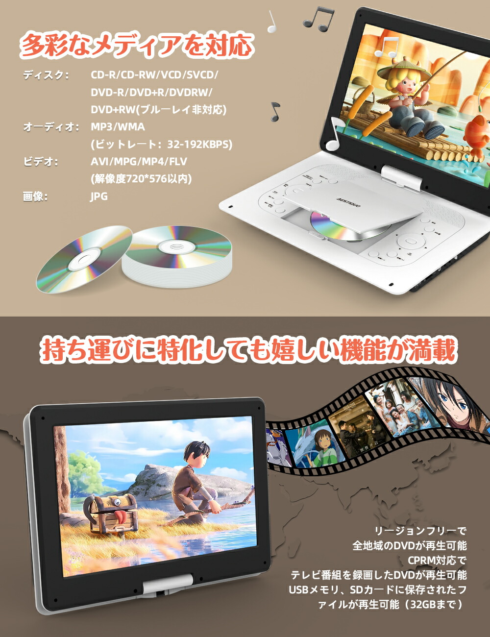 楽天市場】☆2/24迄1000円OFF☆【超大画面・目に優しい】ポータブルDVD