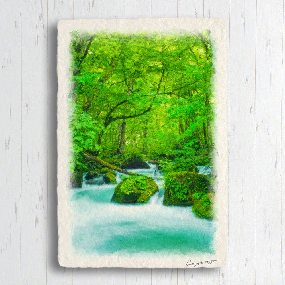 油絵 菅家令子 絵 絵画インテリア額付(青緑＋金色の枠) F6-081012