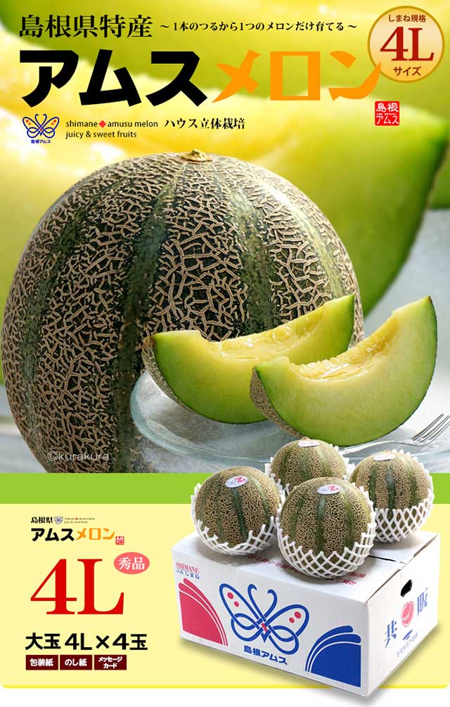 楽天市場】アムスメロン 4L×4玉 (約5kg) 島根産 赤秀 青肉 アムス