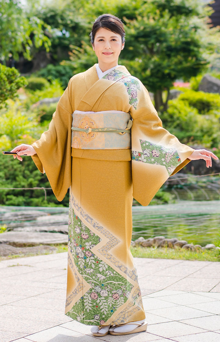 楽天市場】【レンタル】高級正絹 着物 訪問着 フルセット 菜種油色 椿