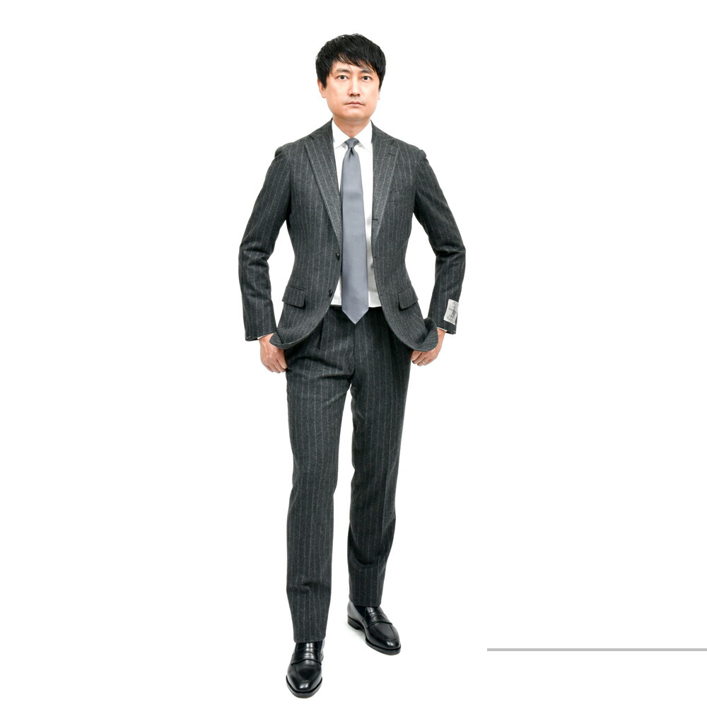 guji（グジ）ウールフランネルチョークストライプ3B1プリーツスーツ