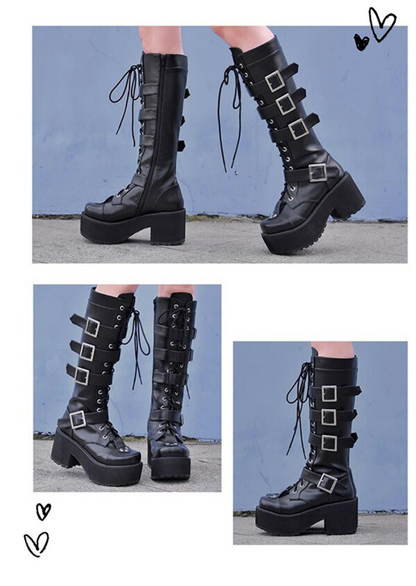 楽天市場】厚底ブーツ ロングブーツ 編み上げ レースアップ 5連ベルト