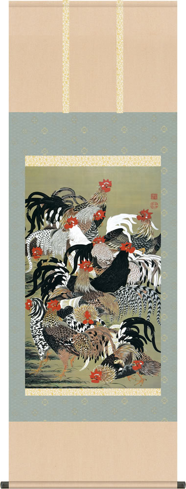 掛け軸 掛軸 群鶏図(ぐんけいず) 伊藤若冲 尺五立 床の間 モダン 巨匠