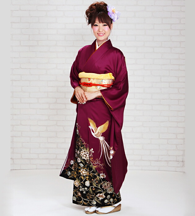 振袖 レンタル ワイン色/鳳凰に花 結婚式 成人式 結納 NT-206 | 振袖