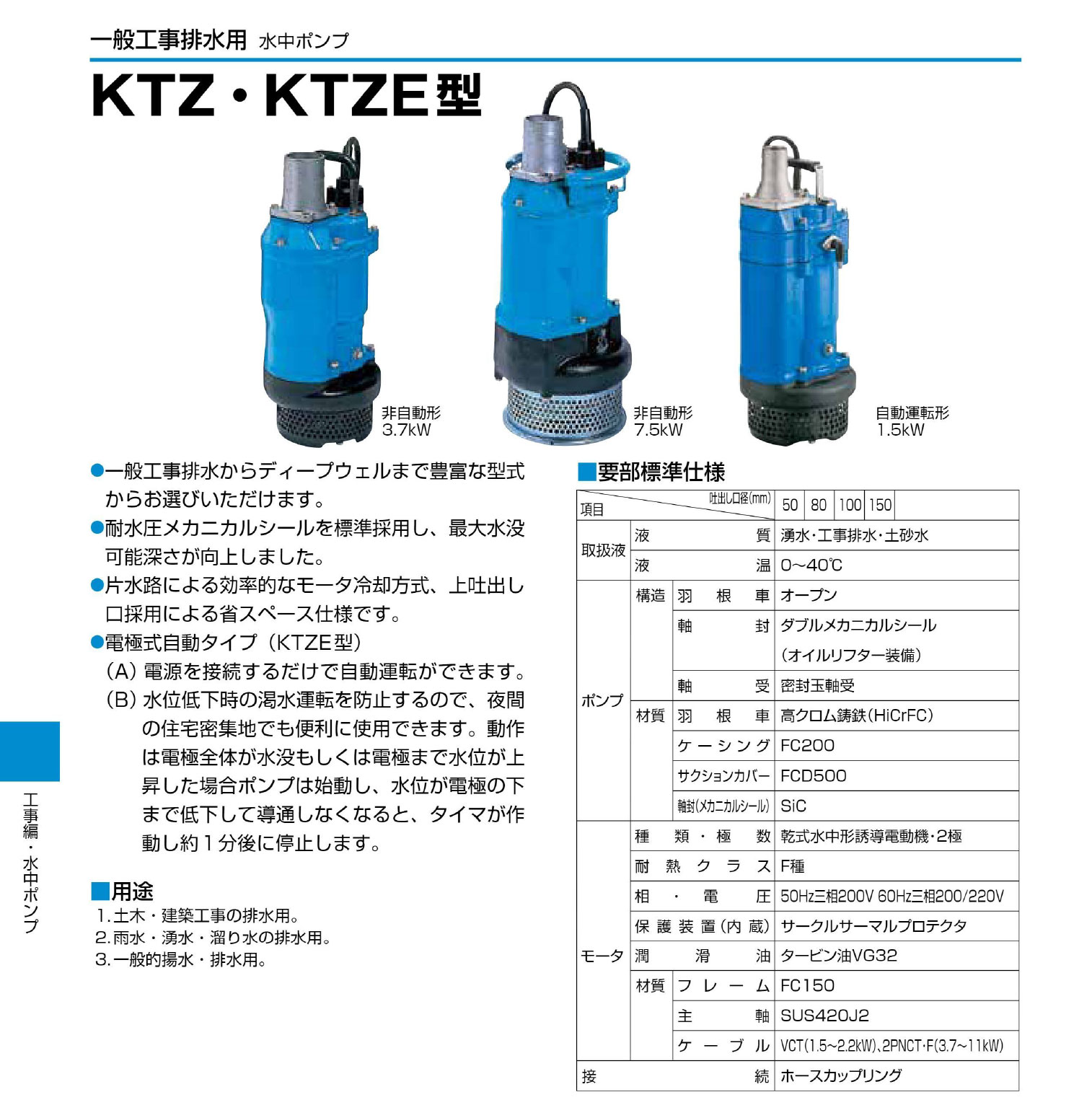 ツルミ〉KTZE23.7 60Hz 西日本用 一般工事排水用 水中ポンプ KTZE型
