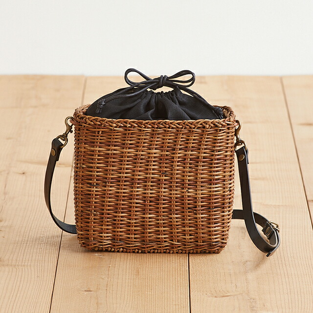 あけびショルダーバッグ(国産/並編み/リネン巾着袋)(約)幅21×マチ10