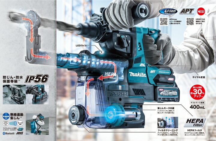 マキタ makita 28mm充電式ハンマドリル HR001GDXVB（黒）集じん