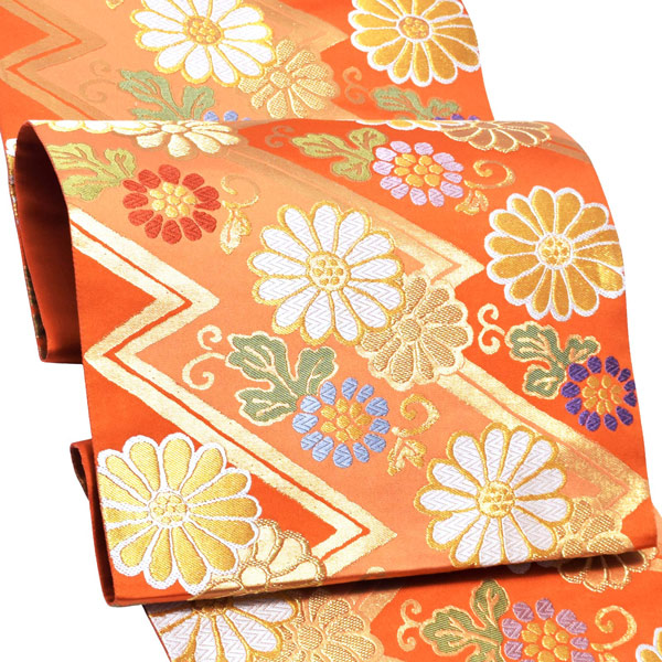 Prices down4】振袖 帯 振袖用袋帯 「朱色地 山道文に菊」となみ織物