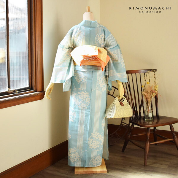 浴衣セット 浴衣と半幅帯の2点セット 「浴衣 水色 団扇＋半幅帯 水面