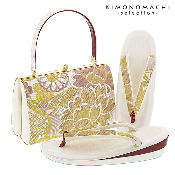 振袖 草履バッグセット「白 ピンクベージュ、八重桜に梅菊」LLサイズ