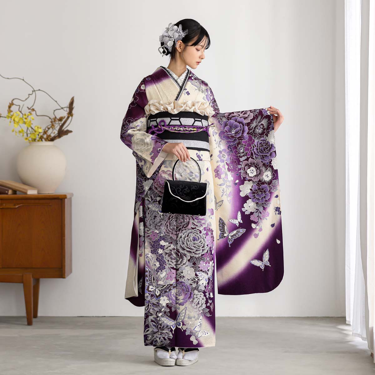 楽天市場】【成人式 振袖 レンタル】RS1435 正絹 白紫 輝く牡丹に蝶