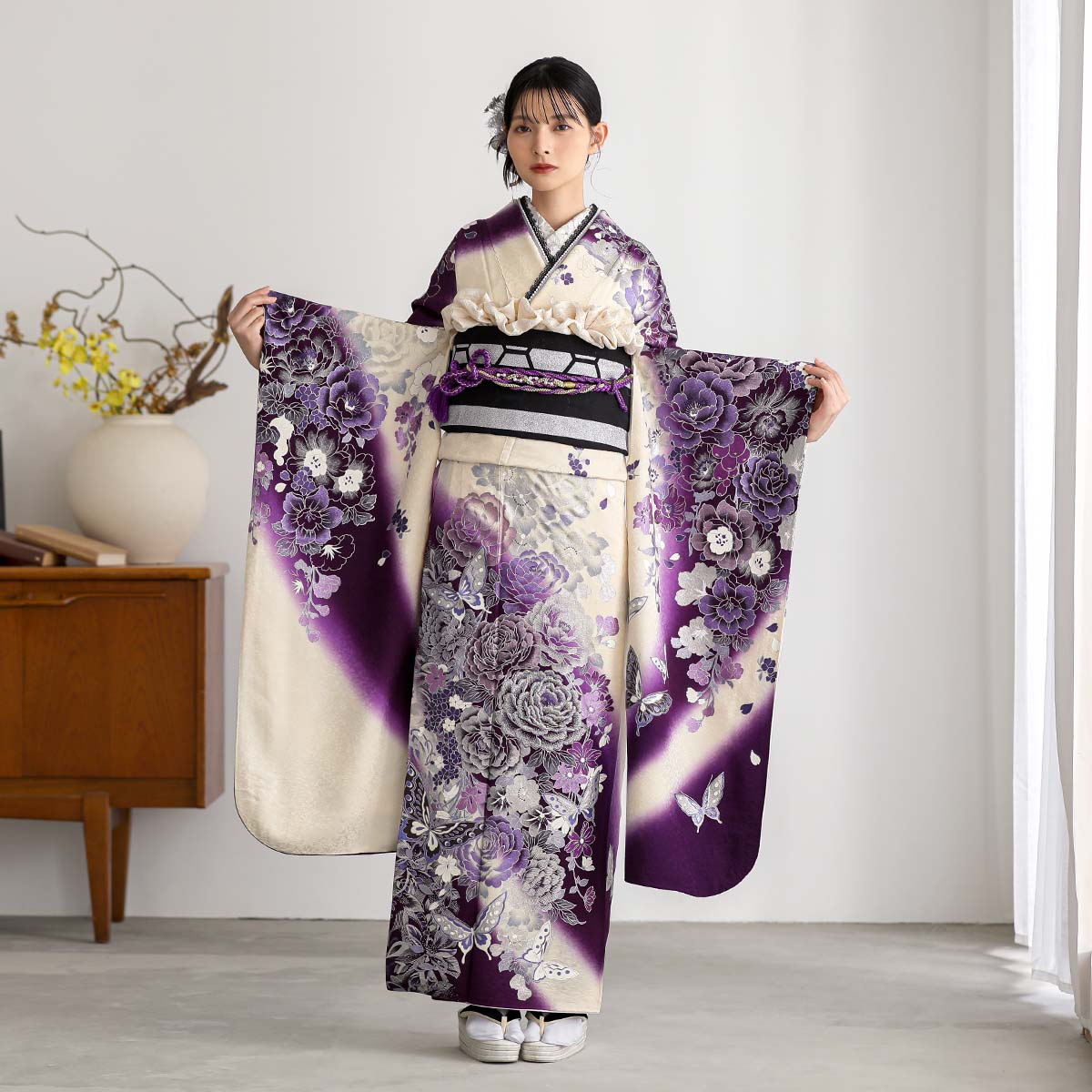 楽天市場】【成人式 振袖 レンタル】RS1435 正絹 白紫 輝く牡丹に蝶