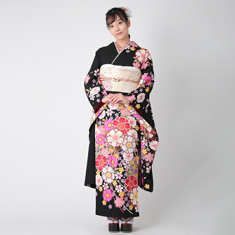 楽天市場】【成人式 振袖 レンタル】RS1792 正絹 黒 扇桜（絹）フル