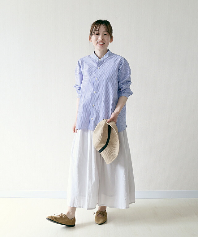 ashuhari (アシュハリ) ストライプ バンドカラーAラインシャツ Free