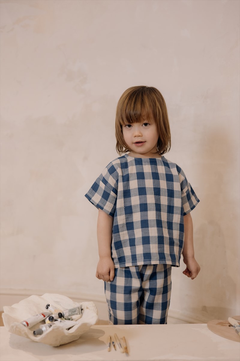 organic zoo Pottery Blue Gingham ボクシーTシャツ｜ギンガムチェック