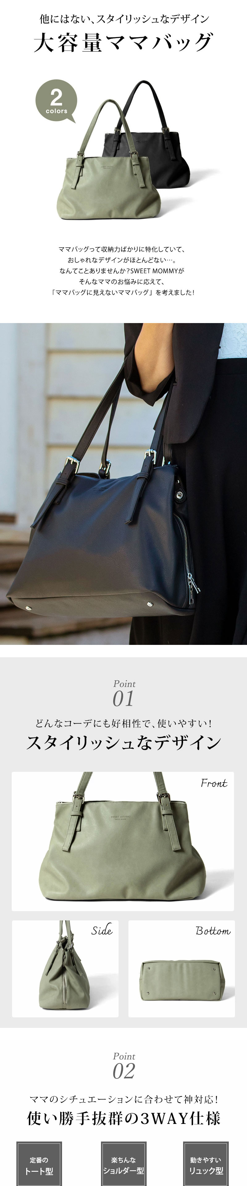 楽天市場】コンパクトなのに大容量！ストラップ付き 3WAYママバッグ
