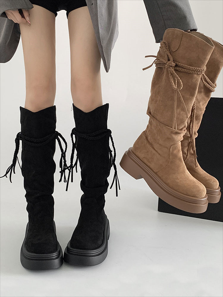 楽天市場】ロングブーツ レディース 厚底 スエード ローヒール 膝丈