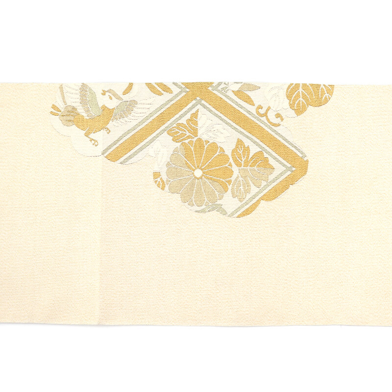 中古】 袋帯 正絹 綴れ お太鼓柄 薄ベージュ 金 向い鳥 菱 菊 長さ
