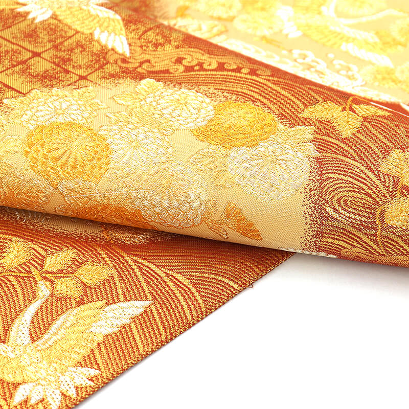 中古】 袋帯 フォーマル 留袖・訪問着向き 正絹 六通柄 朱金 碁盤縞 鶴