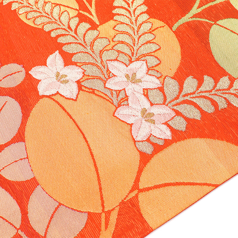 中古】 夏帯 袋帯 夏用 正絹 六通柄 オレンジ 萩 秋草 長さ444cm 幅