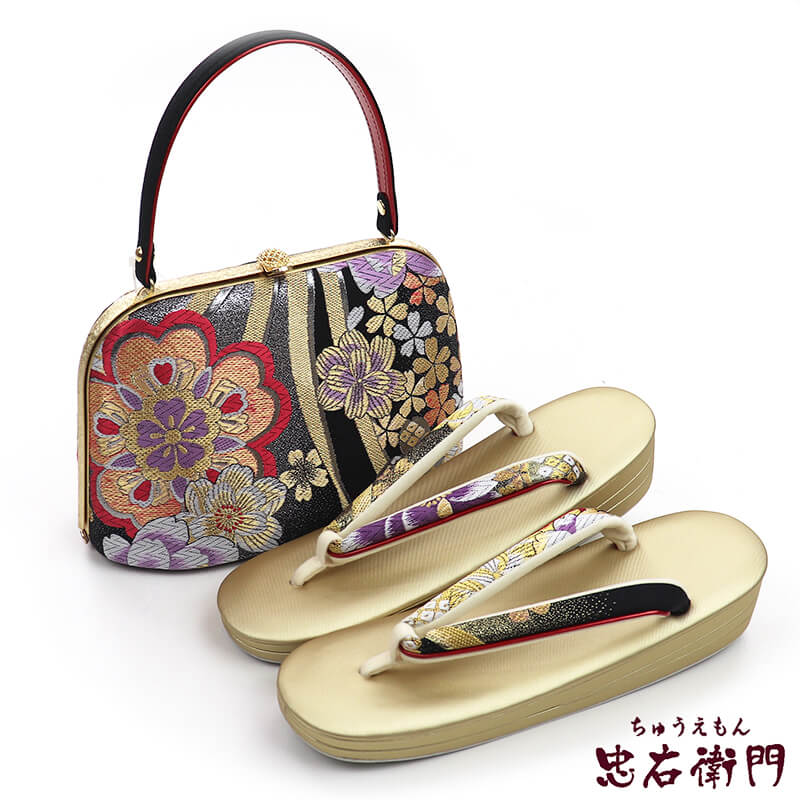 振袖用 草履バッグセット 正絹 帯地仕様 フォーマル 正絹 黒 金 成人式
