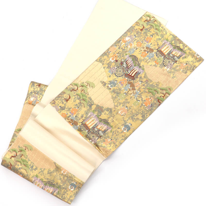 中古】 袋帯 フォーマル 正絹 六通柄 金 平安絵巻 時代柄 長さ429cm 幅
