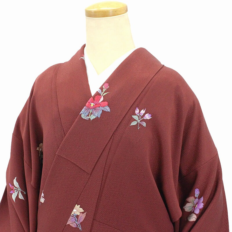 中古】 付下げ 二代目 清次郎 落款 レディース 正絹 海老茶 花柄 身丈