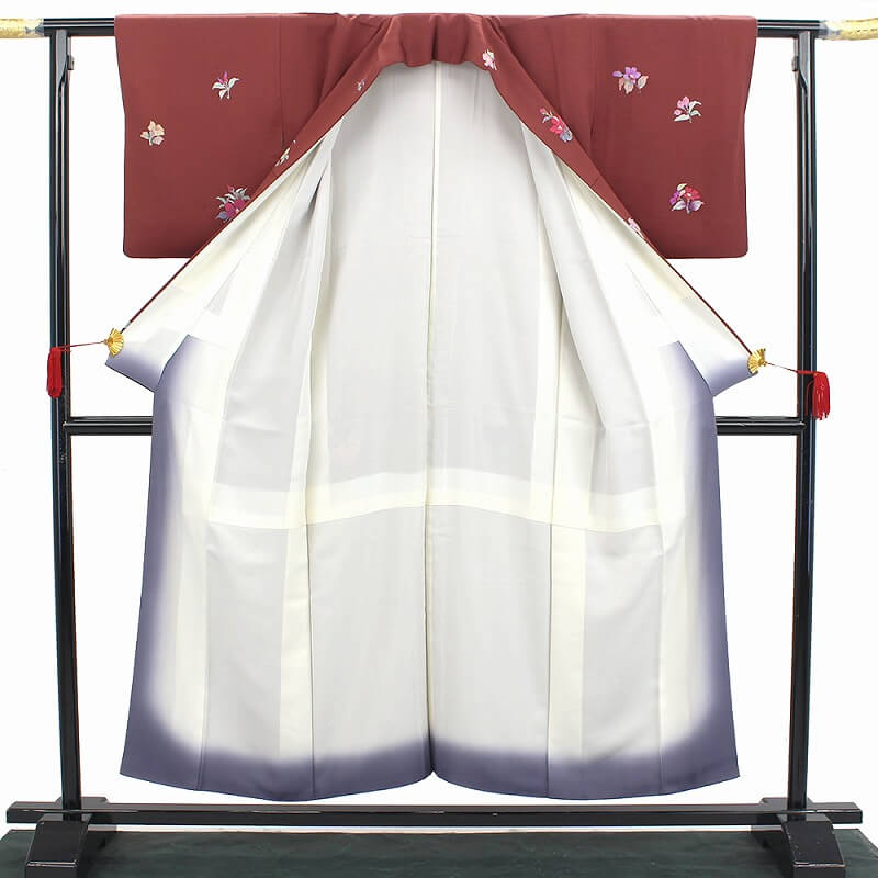 中古】 付下げ 二代目 清次郎 落款 レディース 正絹 海老茶 花柄 身丈