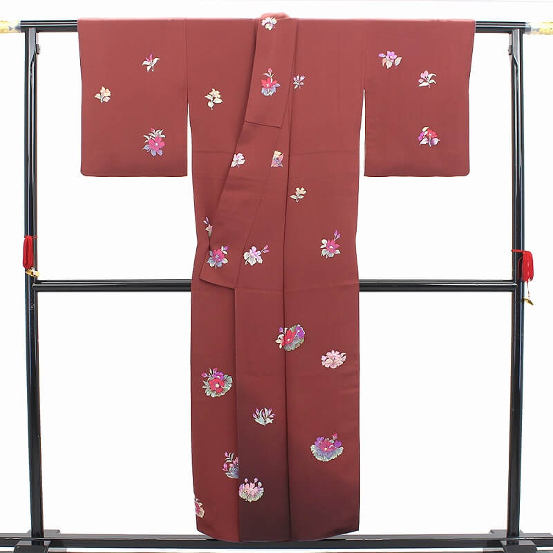 中古】 付下げ 二代目 清次郎 落款 レディース 正絹 海老茶 花柄 身丈