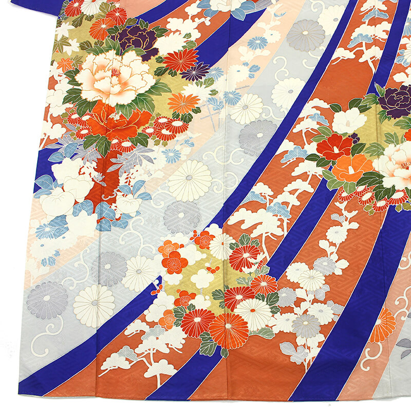 中古】 振袖 振り袖 成人式 レディース 正絹 青 古典柄 レトロ 身丈