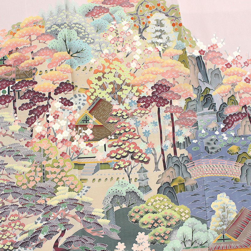 中古】 色留袖 訪問着仕立て 手描き友禅 レディース 正絹 灰桃 松竹梅