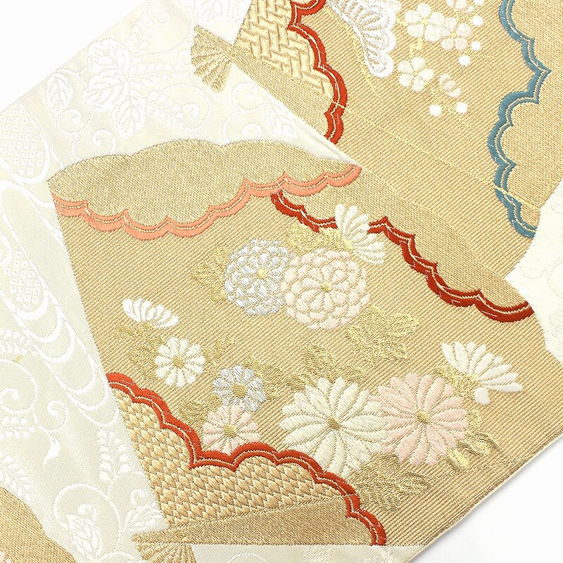 中古】 袋帯 リサイクル レディース 正絹 白 銀 金 桃 扇子 松梅 長さ