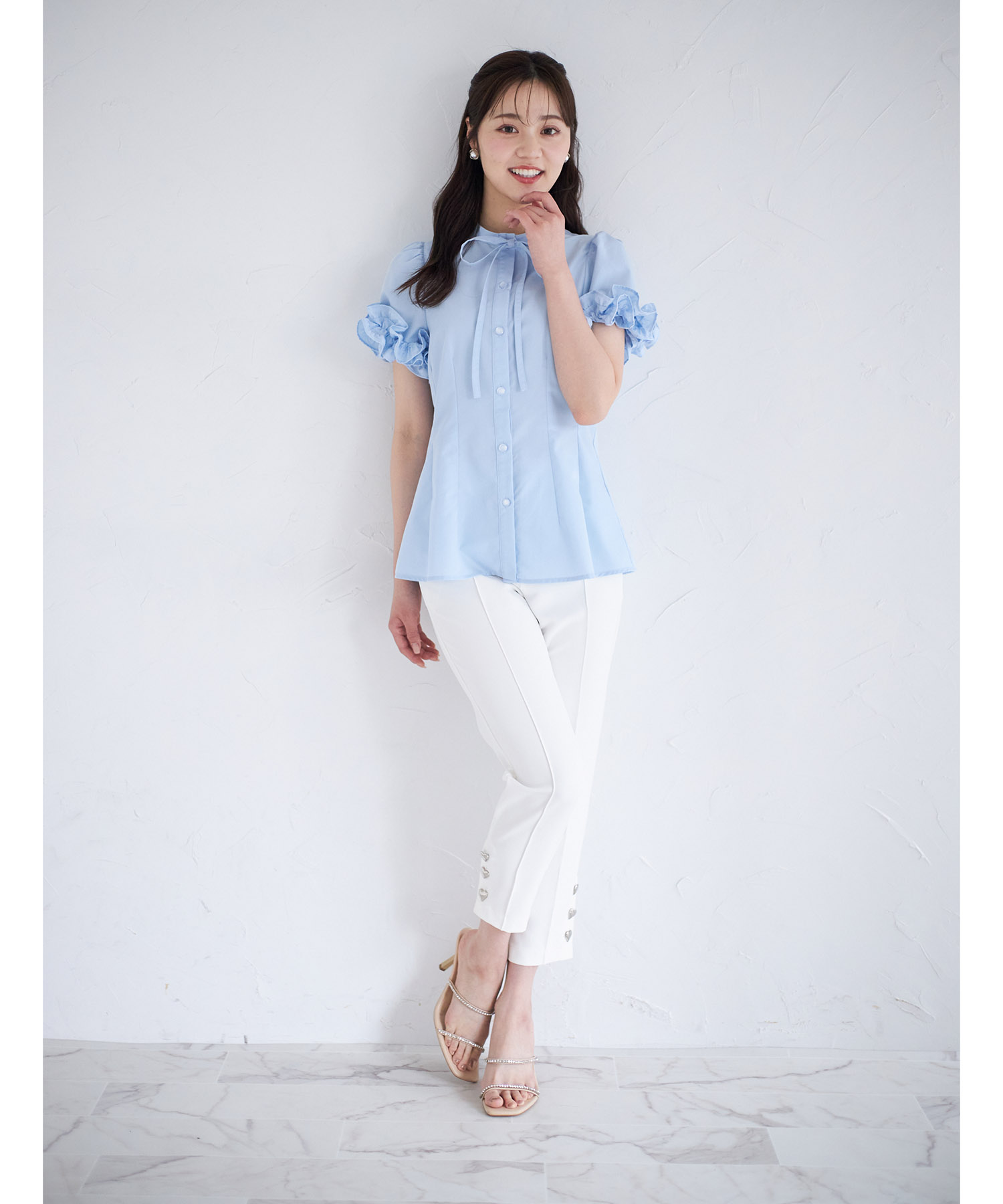 コットンライクホイップフリルボウタイリボンブラウス