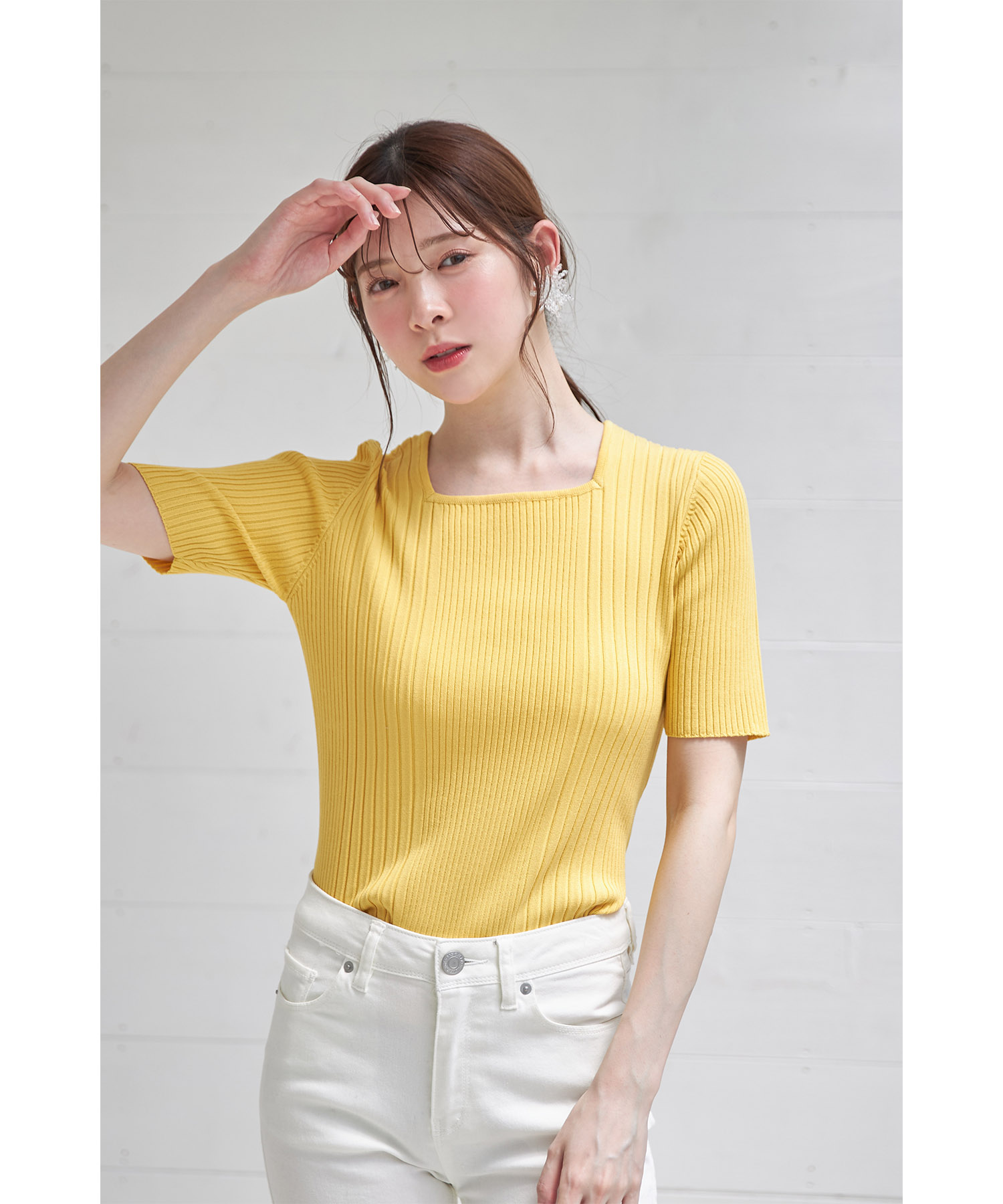 接触冷感♪スクエアネックランダムリブニットプルオーバー