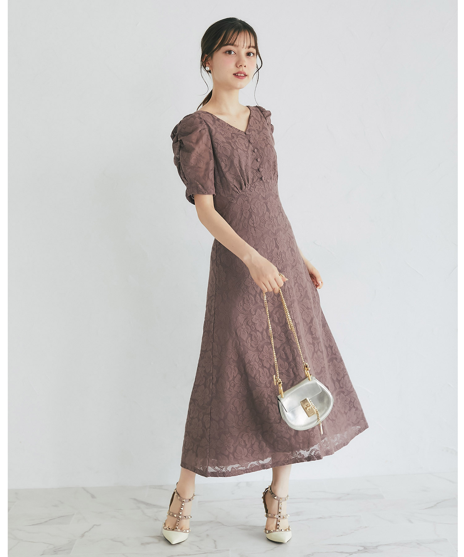 バックレースアップフラワーレースワンピース