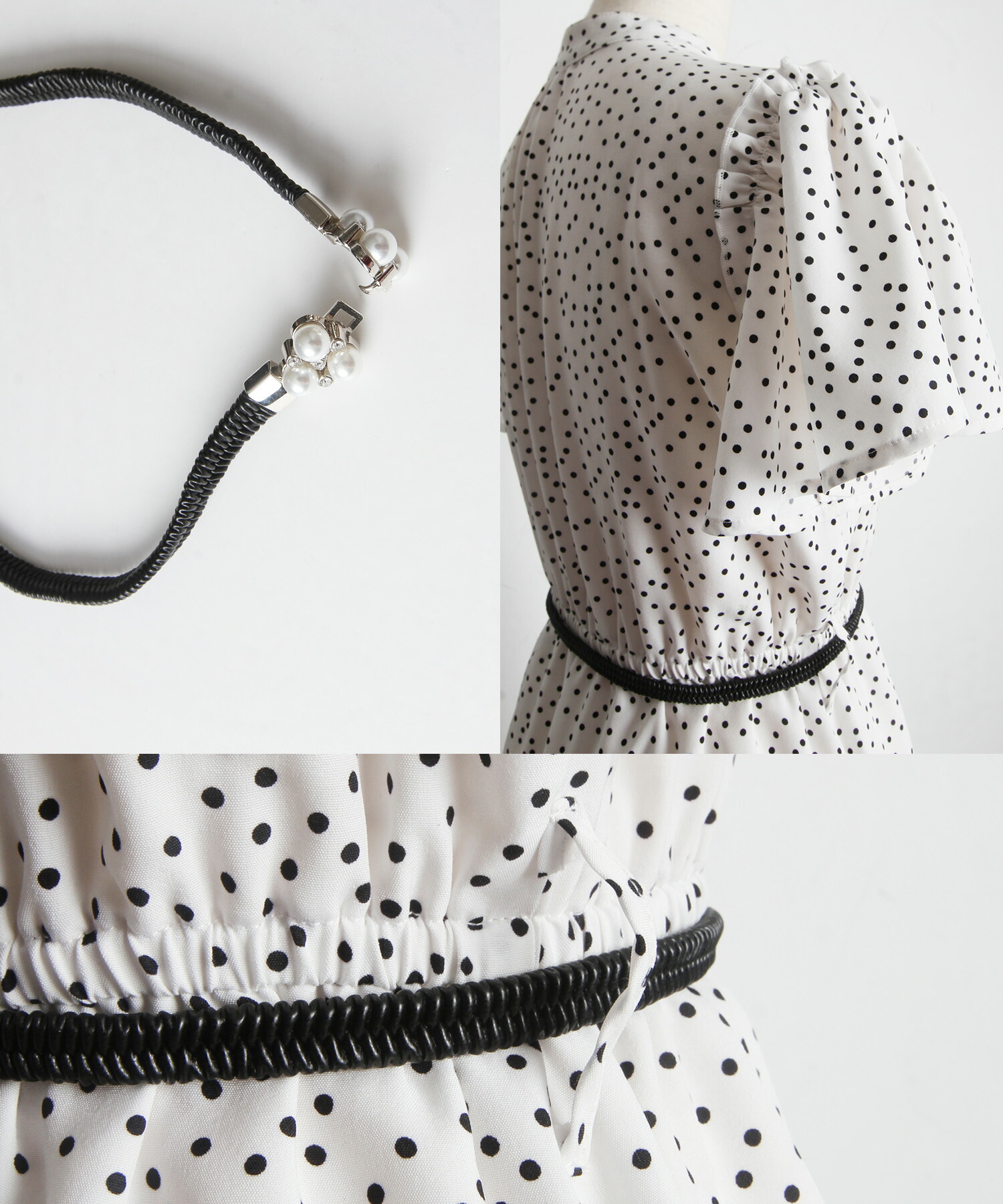 パールビジューベルト付きドットワンピース