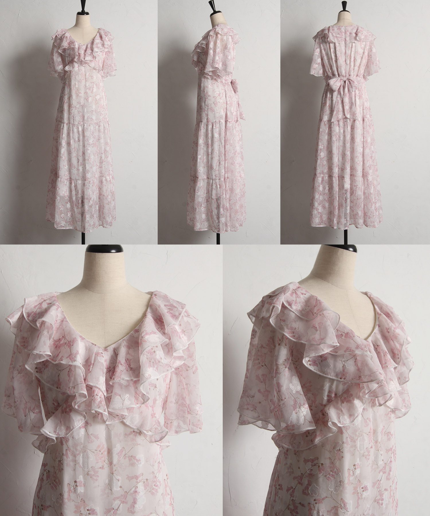 ウエストりぼん付きラッフルフリルフラワープリントティアードワンピース