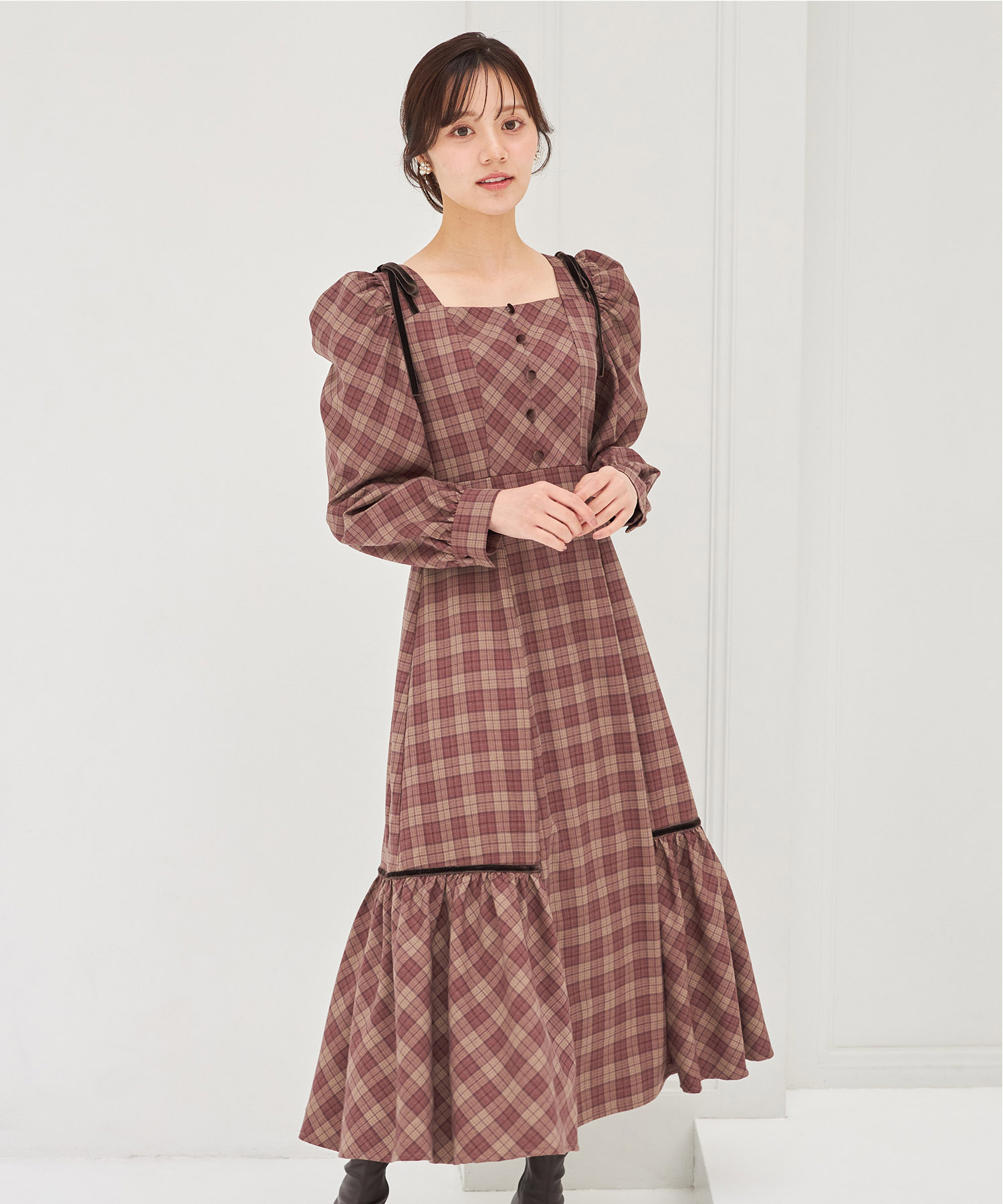 肩ベロアリボン付きチェックワンピース