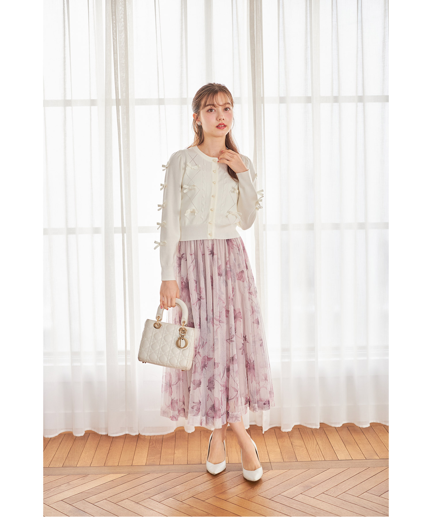 フラワープリントチュールフレアスカート