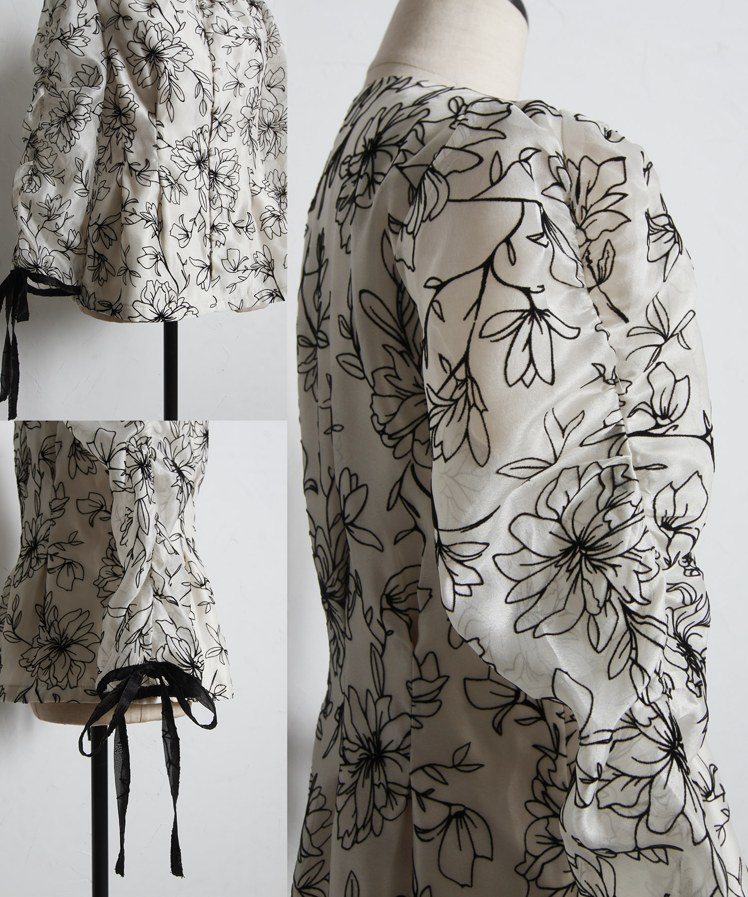 リボン付きフロッキーフラワープリントシアーブラウス