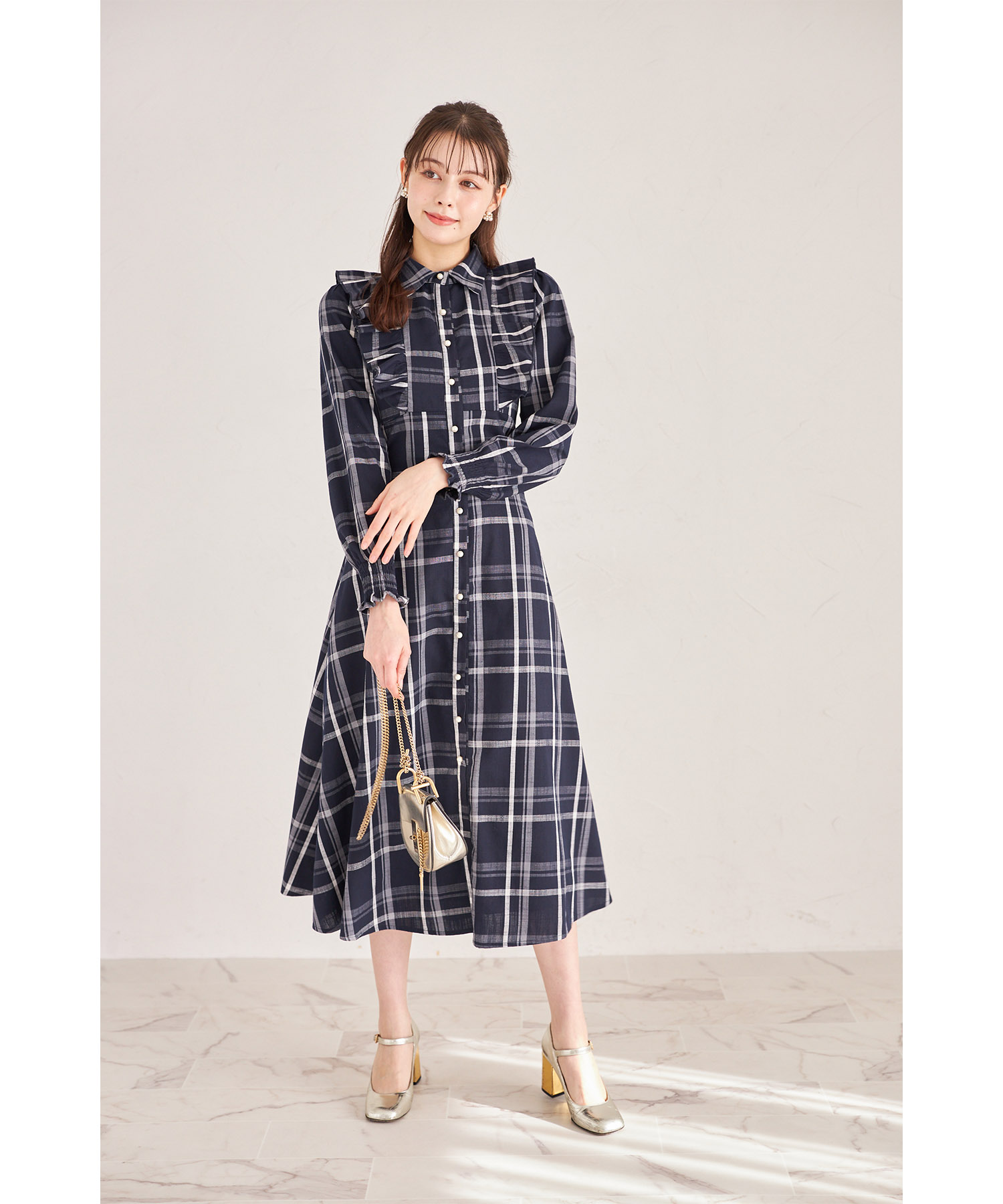 2WAYボウタイリボン付きバックレースアップチェック柄フリルシャツ