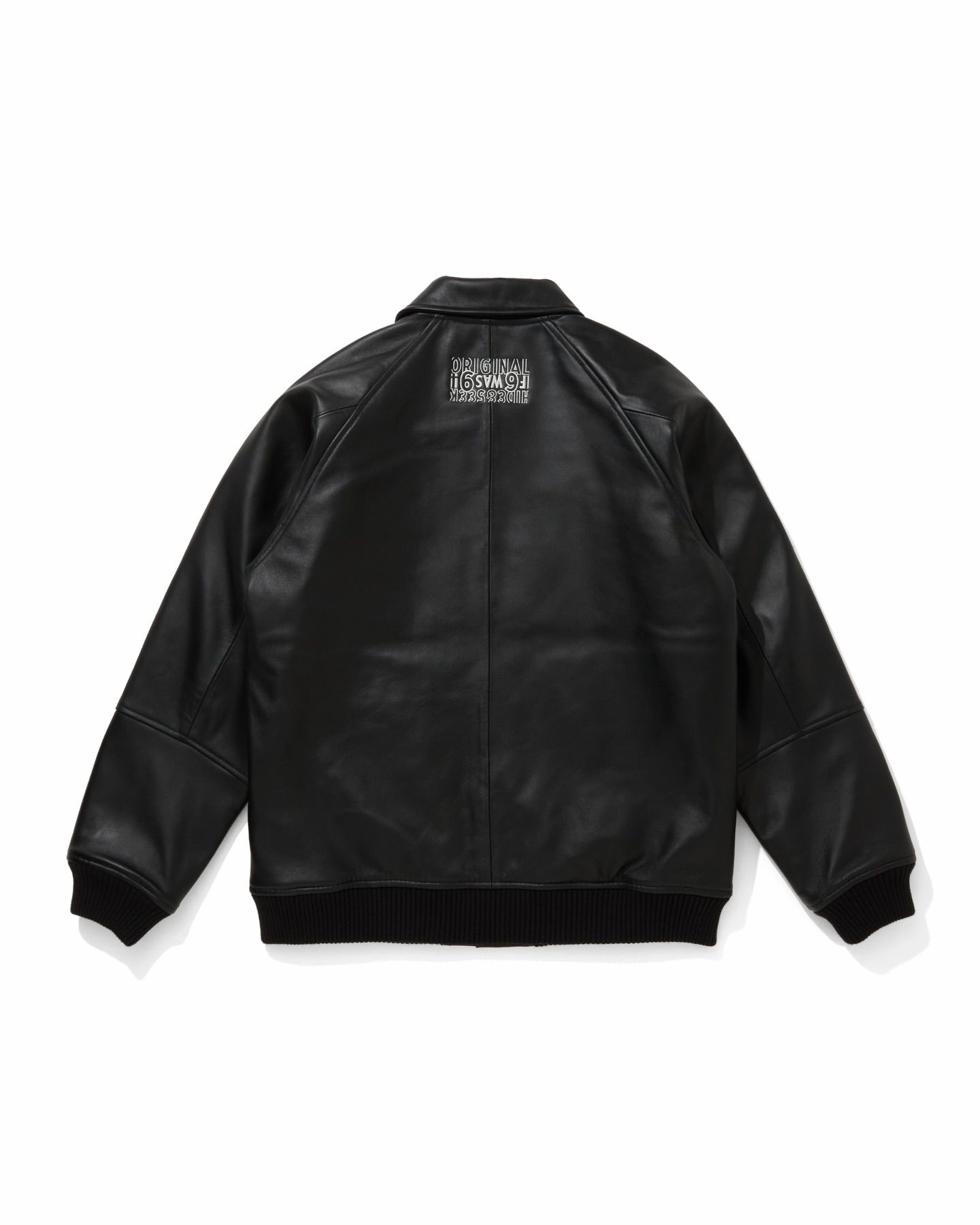 HIDE AND SEEK - Leather Varsity Jacket (BLACK/WHITE) / 西浦徹