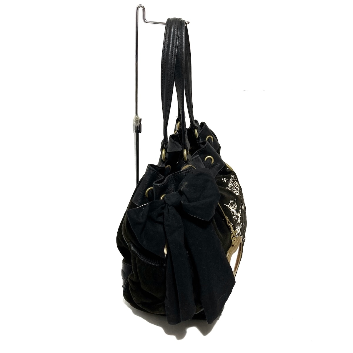 ジューシークチュール/トートバッグ/黒×アイボリー/ベロア×レザーの