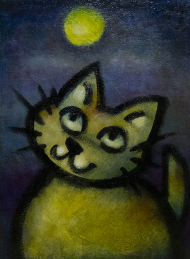 満月に思いを馳せる、月見猫” 芦川雄二「月夜」油彩388×278mm